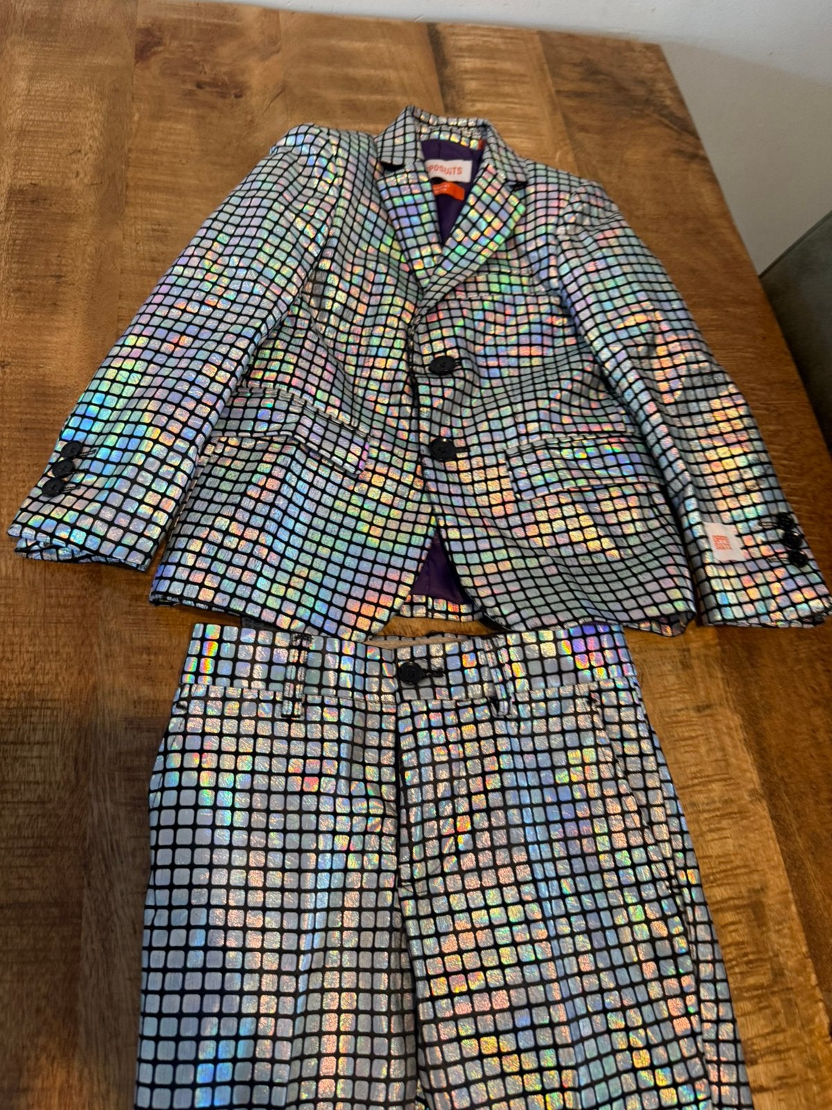 Opposuits disco pak holografisch 110/116 met stropdas, Verzenden, Zo goed als nieuw, Jongen, Setje