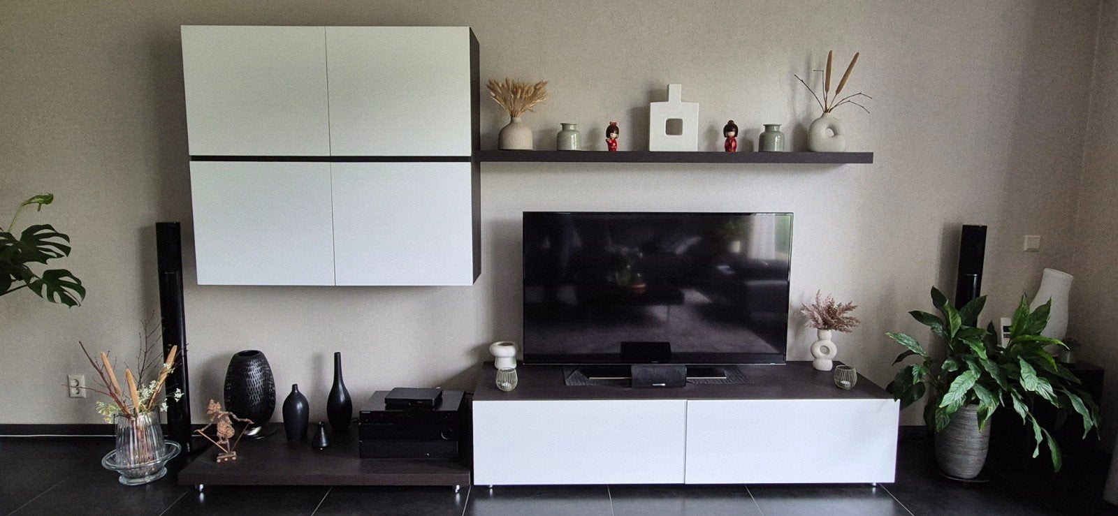 Moderne TV-wandmeubel & highboard set - Hoogglans wit/Wengé, Ophalen, 25 tot 50 cm, Minder dan 100 cm