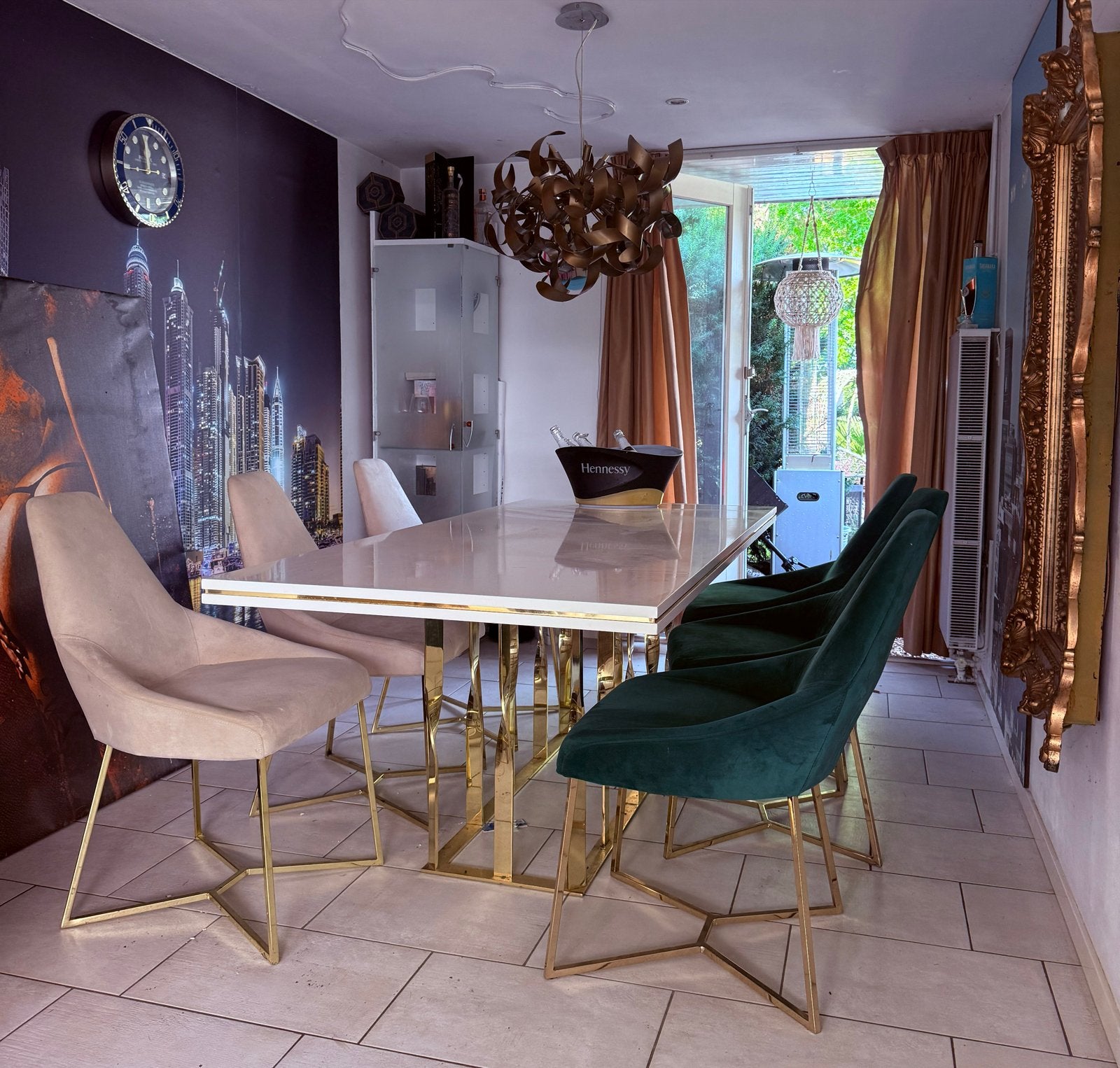 Luxe Eettafel met Marmerlook en Gouden Onderstel, Zo goed als nieuw, Vier personen, Rechthoekig, 50 tot 100 cm