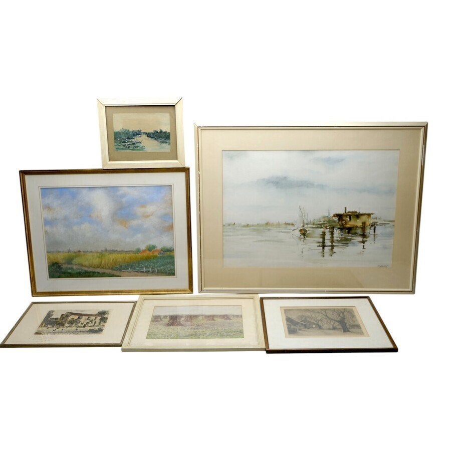 Lot diverse kunstwerken - Landschappen, 20e eeuw (6x), Antiek en Kunst, Nederlandse school, Doek, Landschap, Aquarel