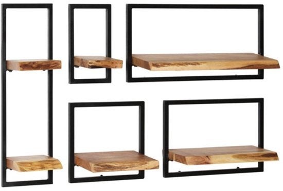 Wandplanken set van 5 massief acaciahout en staal, Ophalen, Nieuw