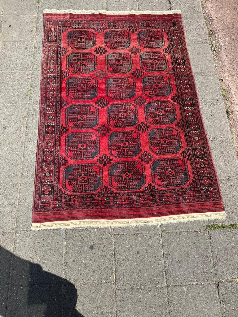 Authentiek Turkmeens tapijt 250x160cm rood & iconisch design, Gebruikt, 200 cm of meer, Ophalen of Verzenden, NA