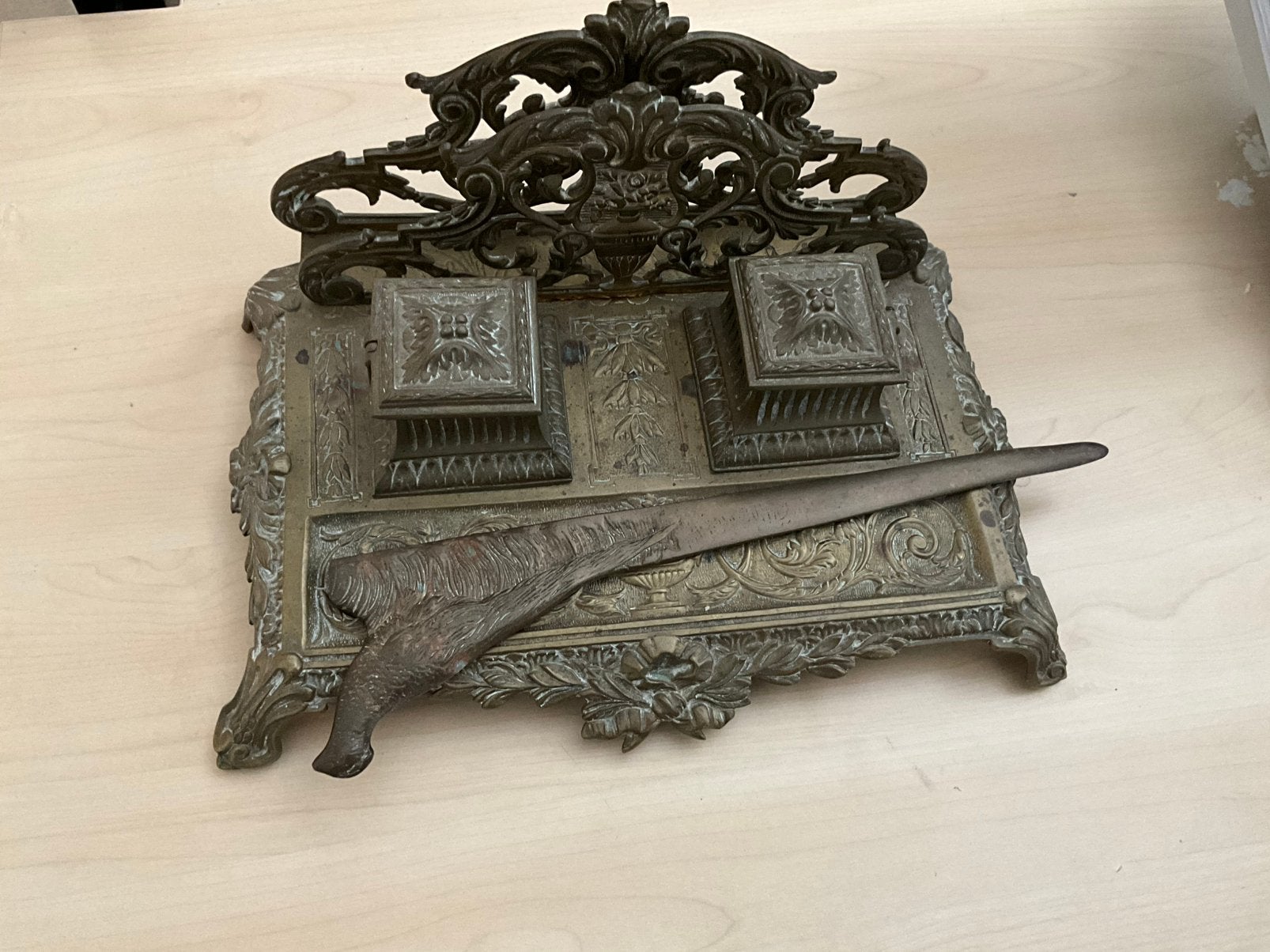 Antiek inktstel met dubbele inktpot en briefopener, Antiek en Kunst, Antiek | Kantoor en Zakelijk, Ophalen