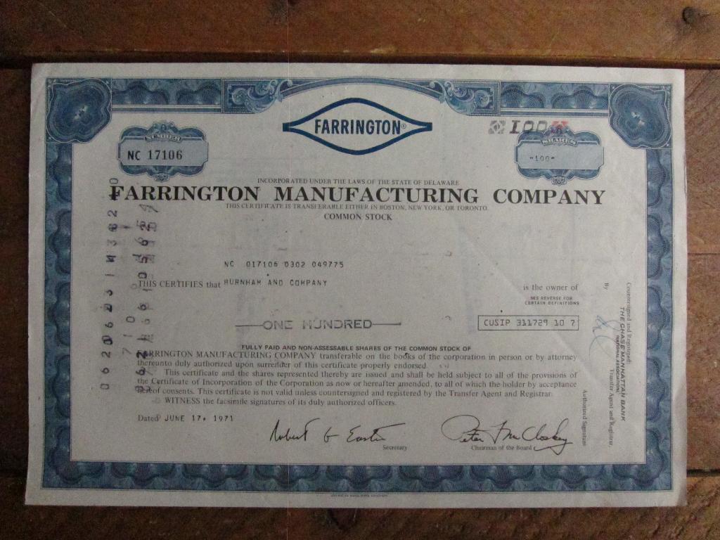 Decoratief aandeel Farrington Manufacturing Company  -1971, Ophalen of Verzenden, 1970 tot heden, Aandeel