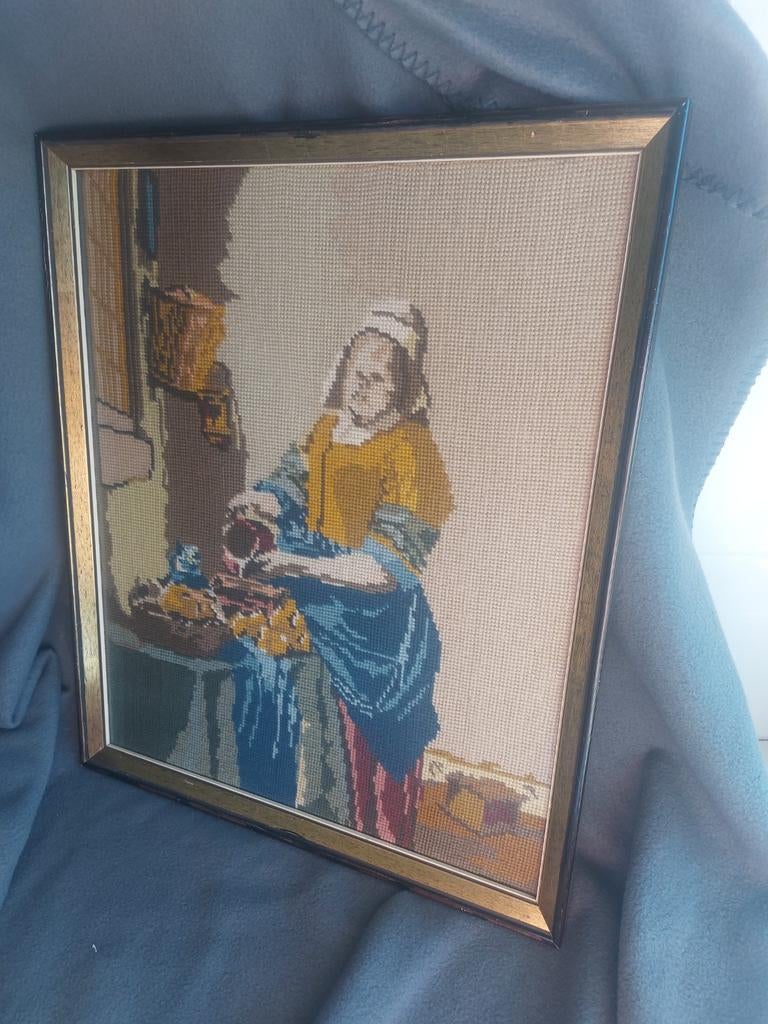 Vintage Borduurwerk 'Het Melkmeisje' van Vermeer - Wol, Ophalen of Verzenden