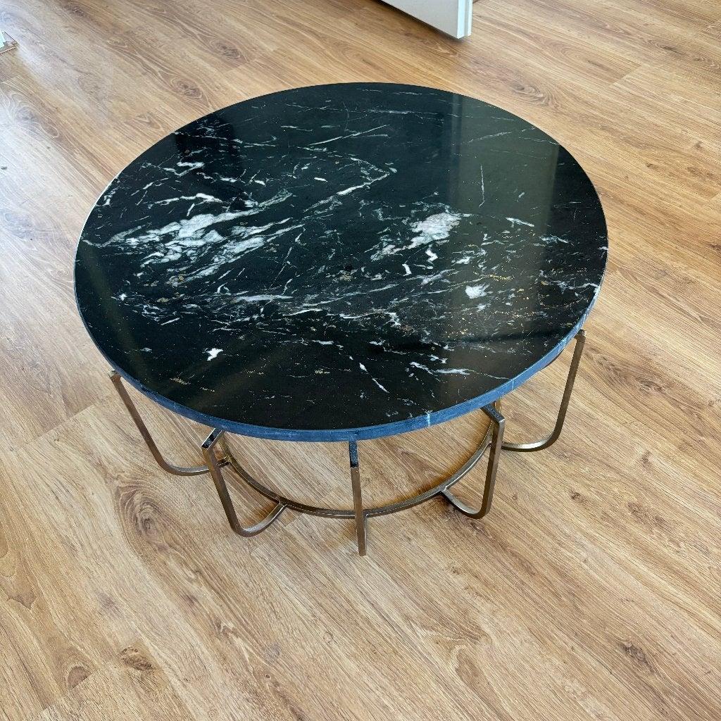Ronde salontafel zwart hardsteen met metalen onderstel, Ophalen, 50 tot 100 cm, Rond, 50 tot 100 cm