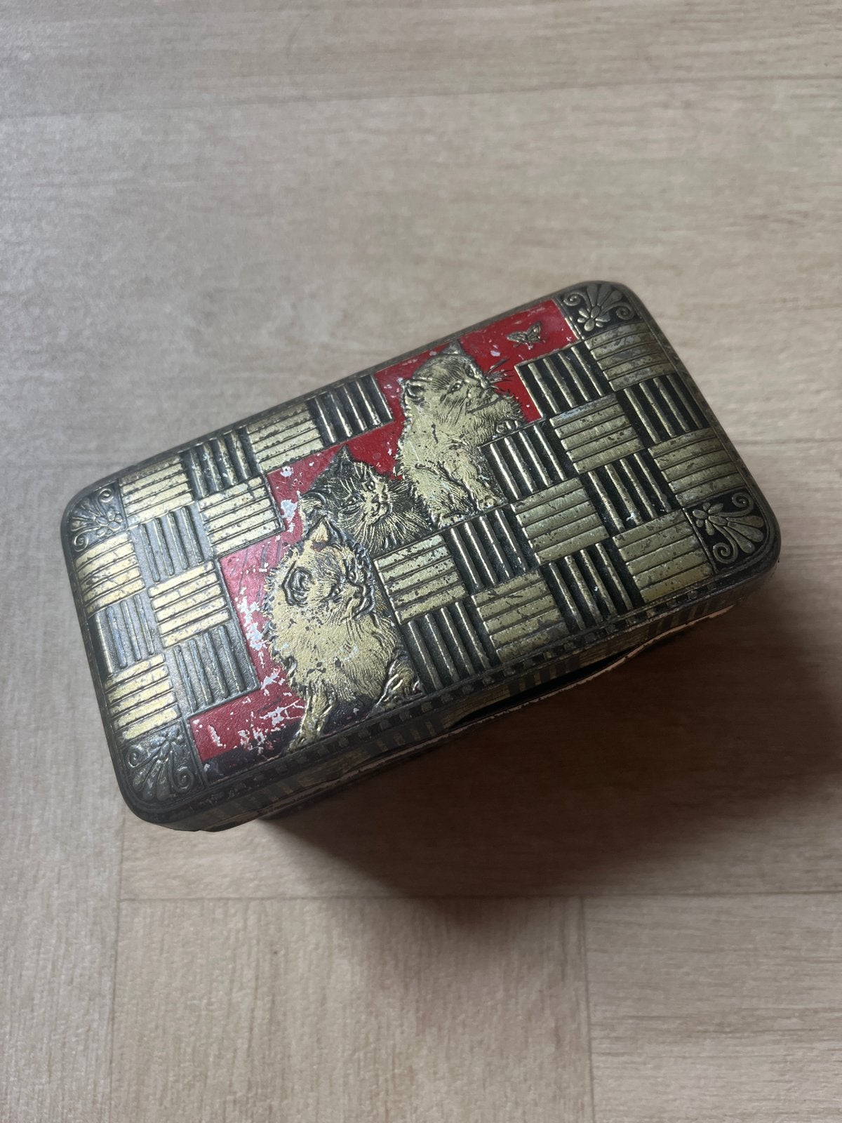 Vintage blikken doos met kattenafbeelding, Ophalen of Verzenden