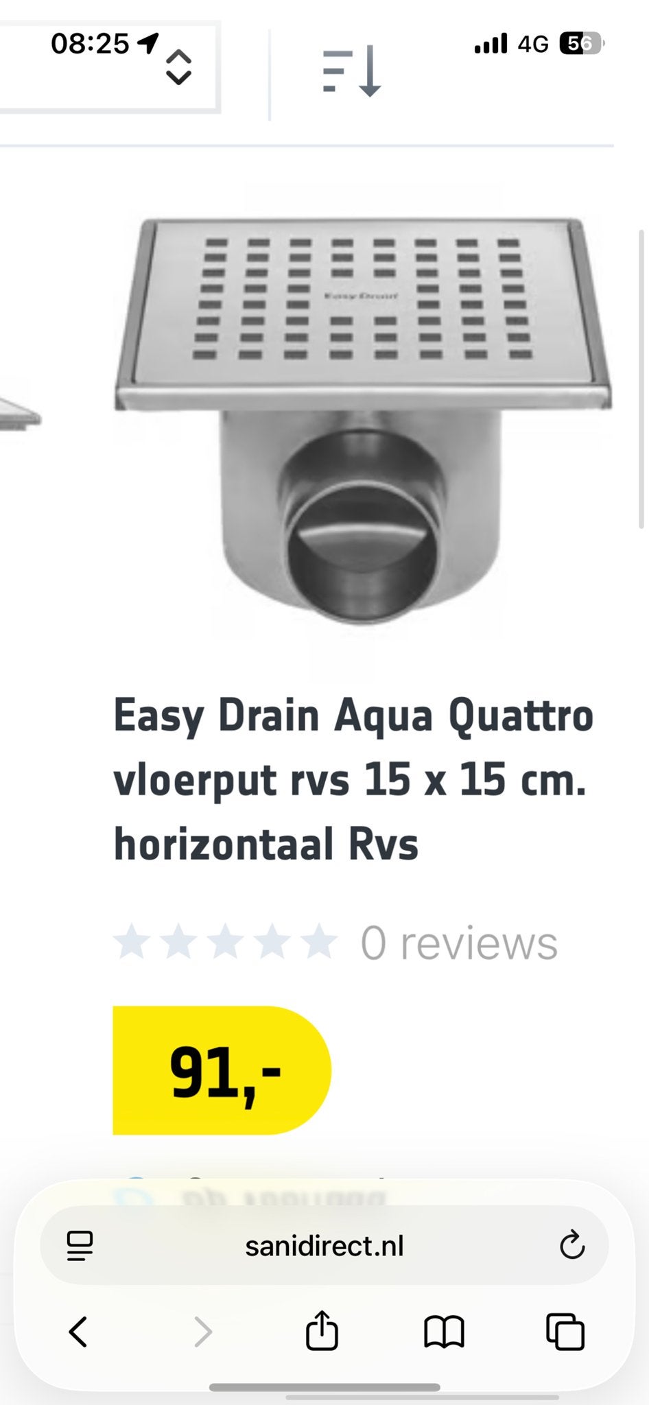 Easy Drain Aqua Quattro vloerput RVS 15x15 cm horizontaal, Ophalen of Verzenden, Nieuw, Rvs, Douche