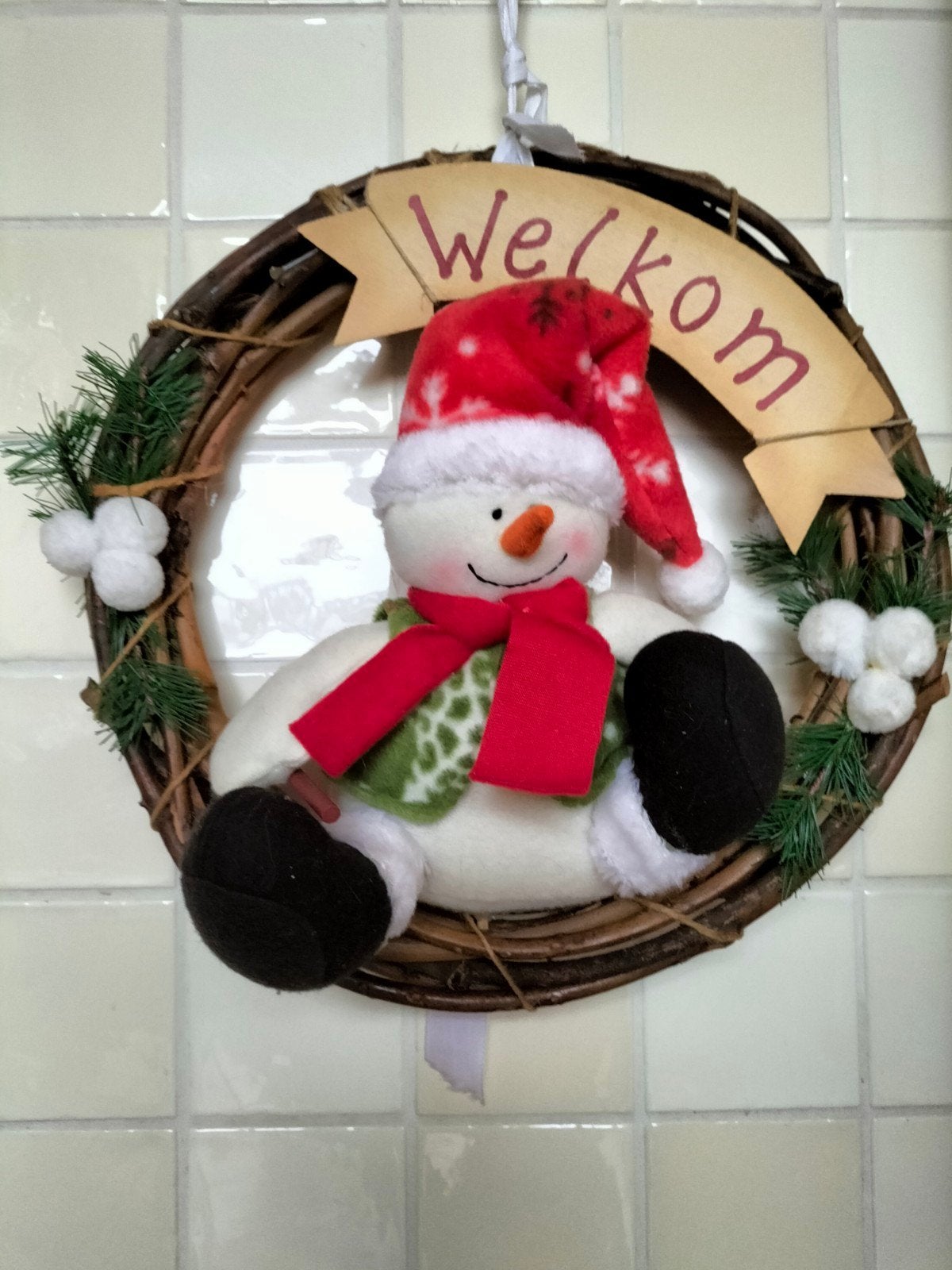 Kerstversiering, deurkrans Welkom, sneeuwpop, doorsn.36 cm, Ophalen of Verzenden