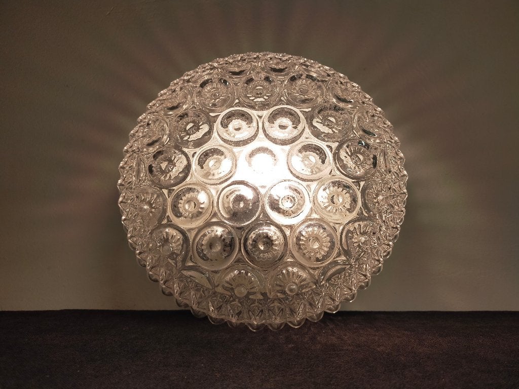 VINTAGE PLAFONDLAMP MET HELDERE GLAZEN KAP EN MOOI PATROON, Ophalen of Verzenden
