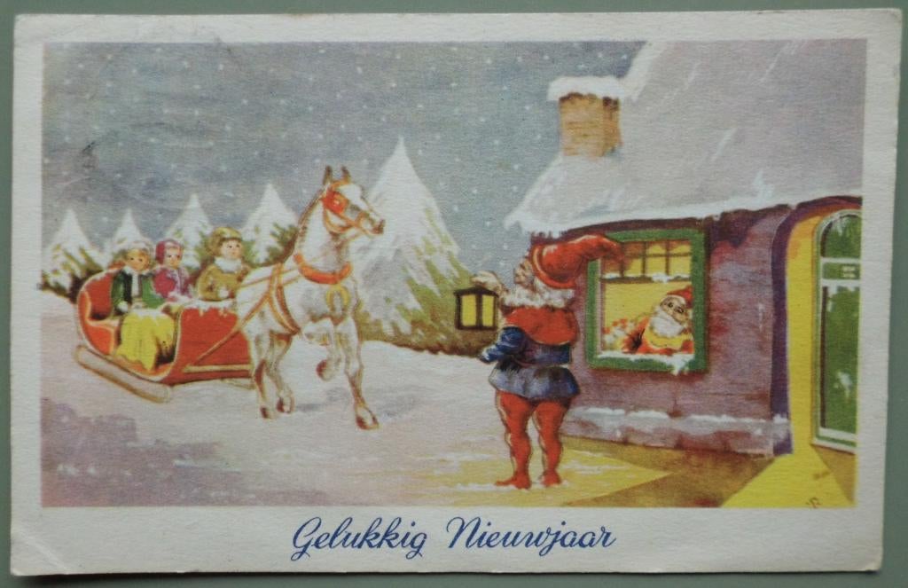 Kabouter 10 - wachten op de slee - Gelukkig nieuwjaar - 1950, Verzamelen, Ophalen of Verzenden, 1940 tot 1960, Gelopen, Kinderen