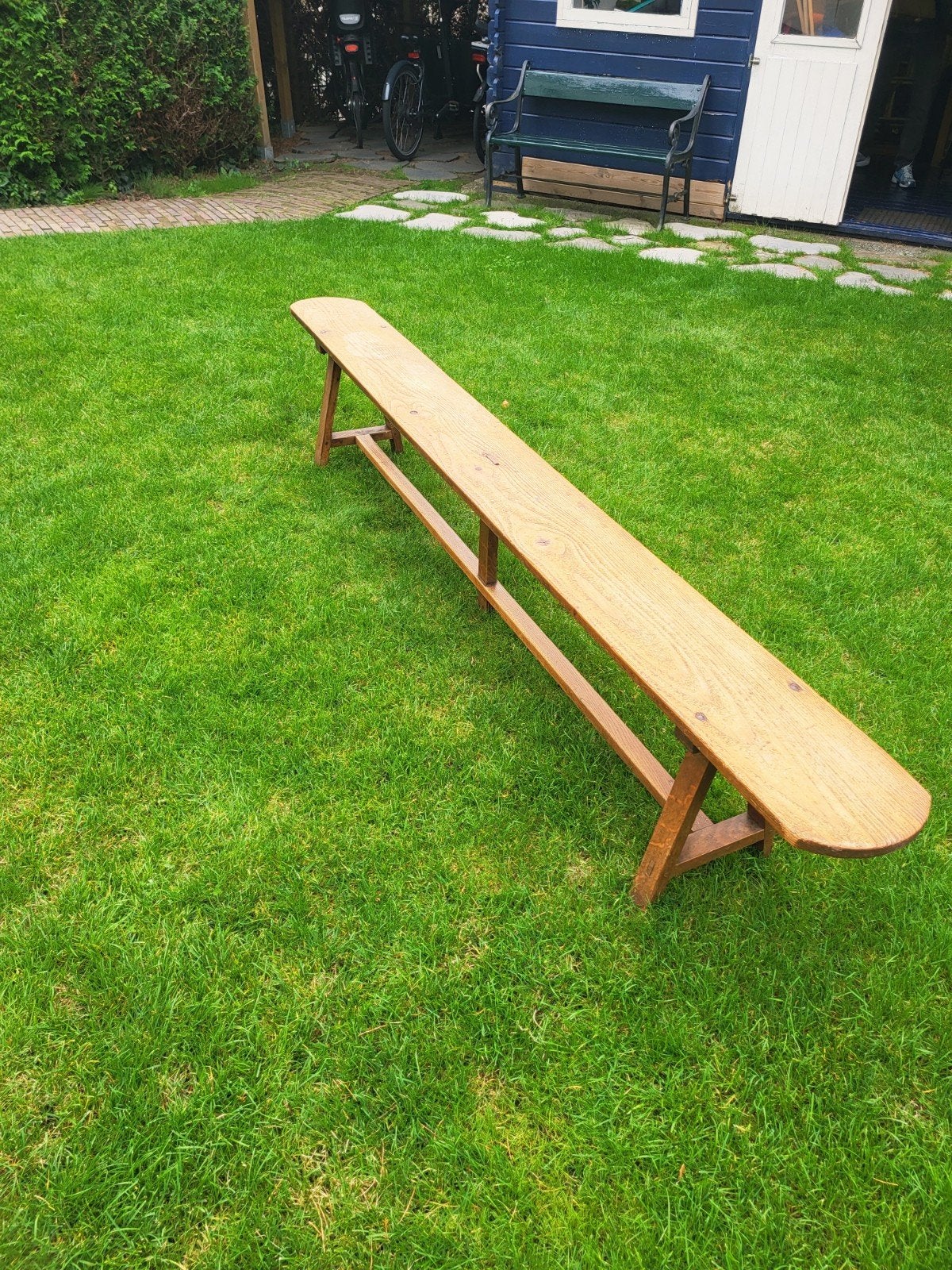 Vintage houten bankje, 250 cm lang, Antiek en Kunst, Ophalen
