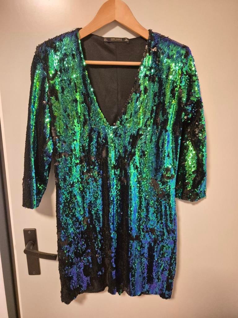 Blauw Groen Pailletten MiniJurk Glitter Maat 40/L Zara Basic, Ophalen of Verzenden, Zo goed als nieuw, Groen, Jurk