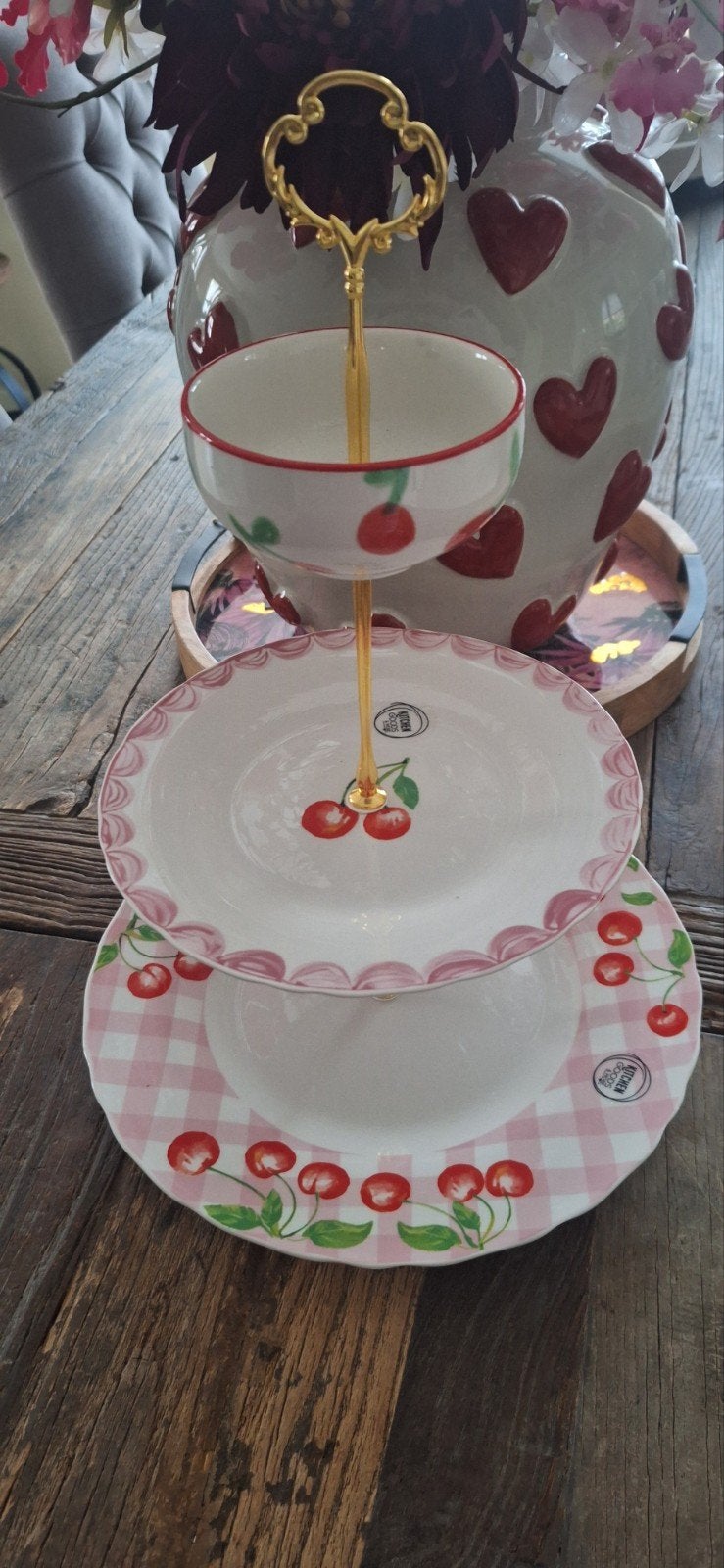 Leuke etagère 3 laags met kersenprint handmade €29,50, Ophalen, Nieuw, Etagère, Steen/keramiek