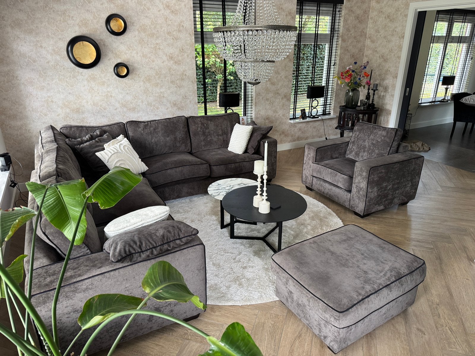 Hoekbank/Lounge met Fauteuil en Hocker grijs 2.90x2.90, Huis en Inrichting, Ophalen of Verzenden, Zo goed als nieuw, Stof