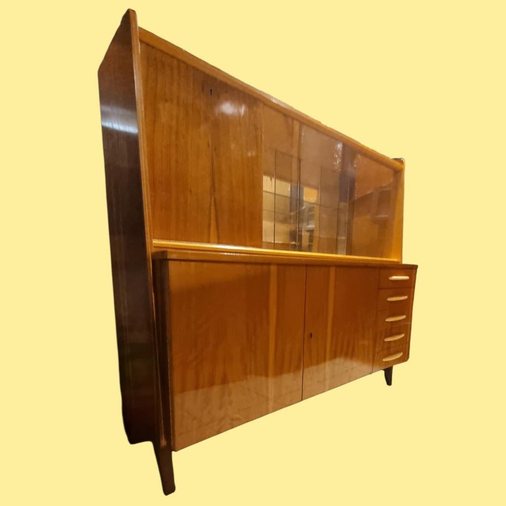 Vintage wandkast met vitrine en bar jaren 60, ,, Ophalen of Verzenden, ,, Minder dan 150 cm