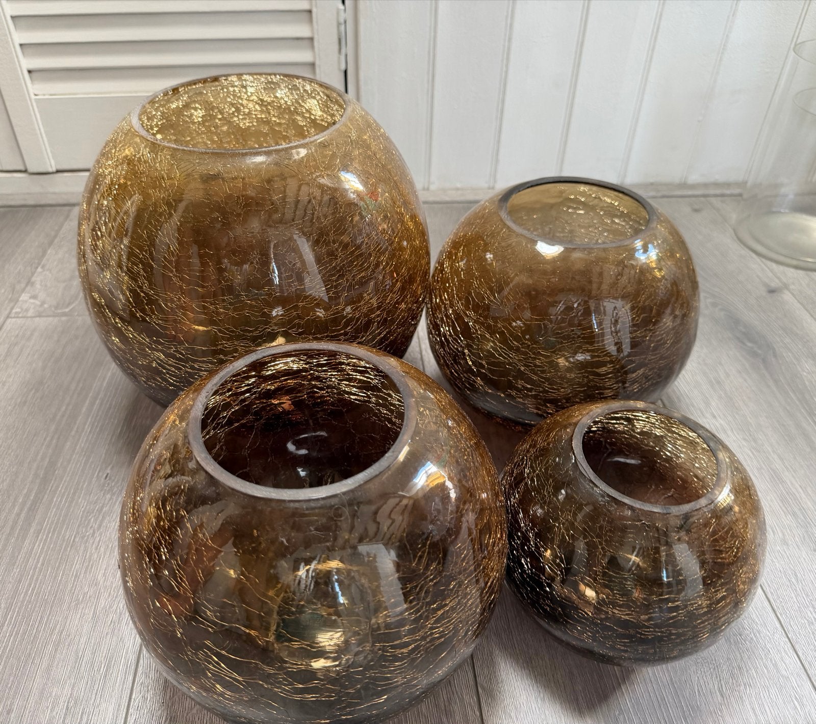 Set van 4 gouden craquelé vazen/windlichten, Ophalen, Met patroon/structuur, Goud, Glas
