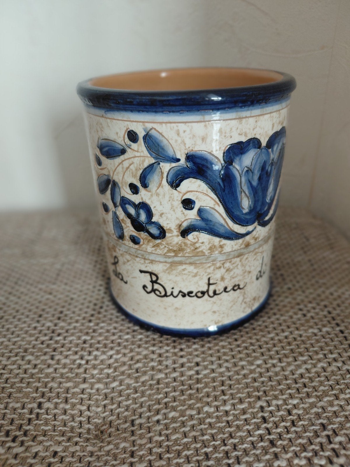 Italiaanse aardewerk pot met blauw decor, Ophalen of Verzenden