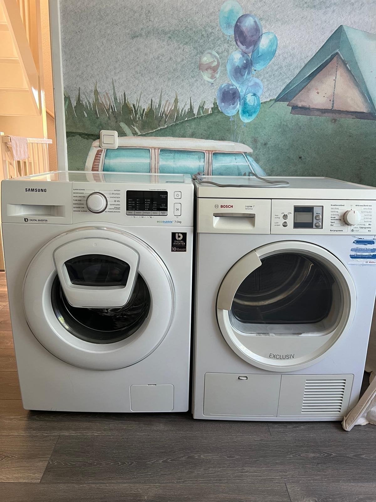 Samsung Wasmachine EcoBubble 7kg & Bosch Droger Logixx 7, Ophalen, Gebruikt, 85 tot 90 cm, 1200 tot 1600 toeren