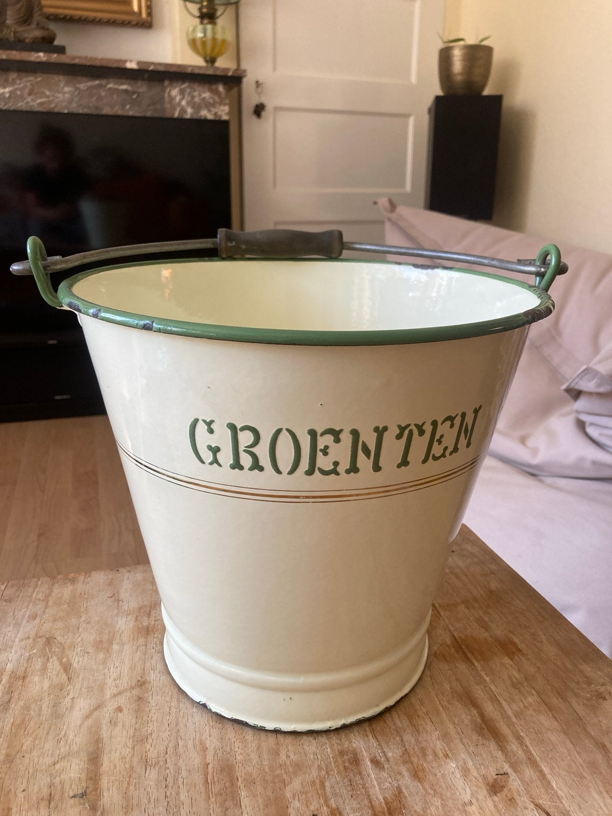 Vintage geëmailleerde groentebak/emmer, Antiek en Kunst, Ophalen of Verzenden