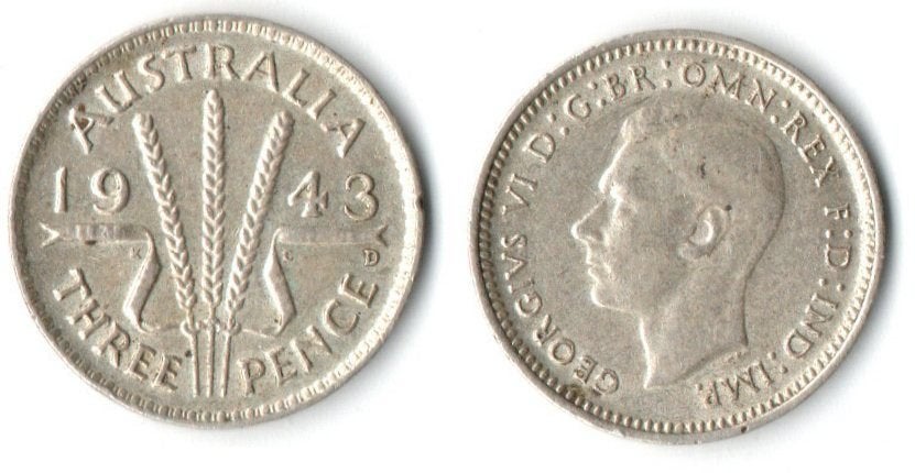 Australische 3 Pence munt 1943 - George VI, Verzenden, Losse munt, Zilver