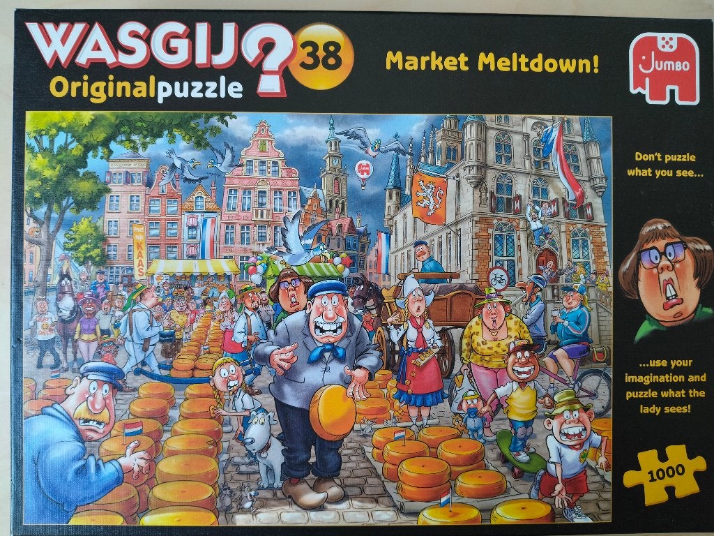 Puzzel Wasgij original 38 Market meltdown! te koop 1000 st., Ophalen of Verzenden, 500 t/m 1500 stukjes, Zo goed als nieuw, Legpuzzel
