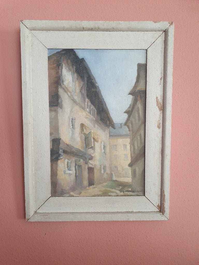 Klassiek Frans Dorpsgezicht gesigneerd G. Darcour, Antiek en Kunst, Kunst | Schilderijen | Klassiek, Paneel, Ophalen of Verzenden