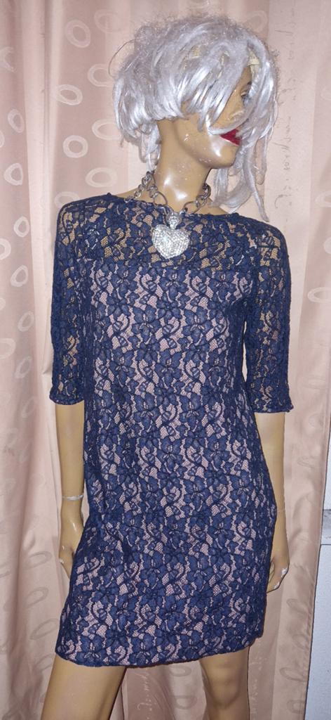 Vanilia Kanten Jurk maat 40 - Donkerblauw met Roze Voering, Maat 38/40 (M), Blauw, Vanilia, Ophalen of Verzenden