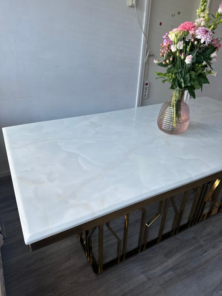 Luxe eettafel 180 x 90 cm – echt wit marmer gouden details, Huis en Inrichting, Ophalen, Gebruikt, Overige materialen, 50 tot 100 cm