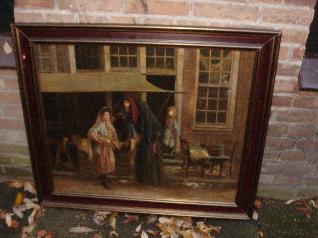 Large antique oil painting, Going to the market, is signed., Ophalen, Doek, Portret of Personen, Gesigneerd