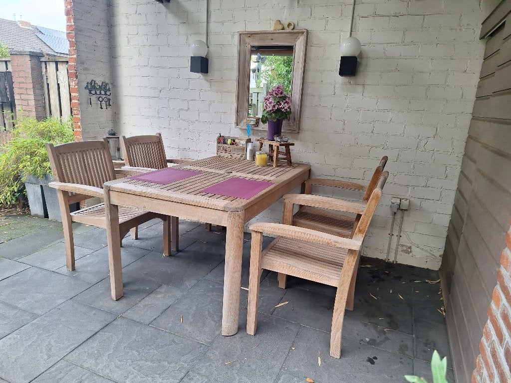 Te koop teakhouten tuinstoelen., Tuin en Terras, Ophalen, Gebruikt, Teakhout, Stapelbaar