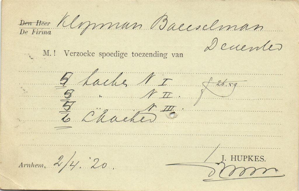 J. Hupkes, Arnhem - 04.1920 - briefkaart, Ophalen of Verzenden, Briefkaart