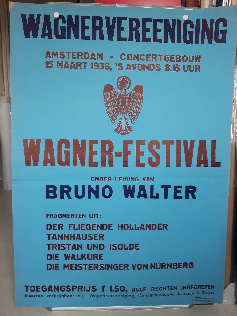 Originele Poster Wagnervereeniging o.l.v. Bruno Walter 1936, Ophalen of Verzenden, A1 t/m A3, Reclame, Rechthoekig Staand