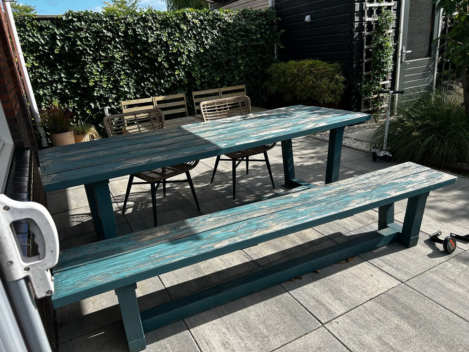Douglas houten tuinset: tafel en bank (geschuurd), Ophalen, Gebruikt, Meer dan 8 zitplaatsen, Hout