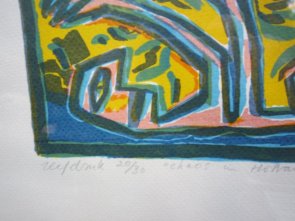 THEA VAN DOORN, Leuke gekl zeefdruk CHAOS in Holland, Antiek en Kunst, Ophalen, Abstract, Zeefdruk