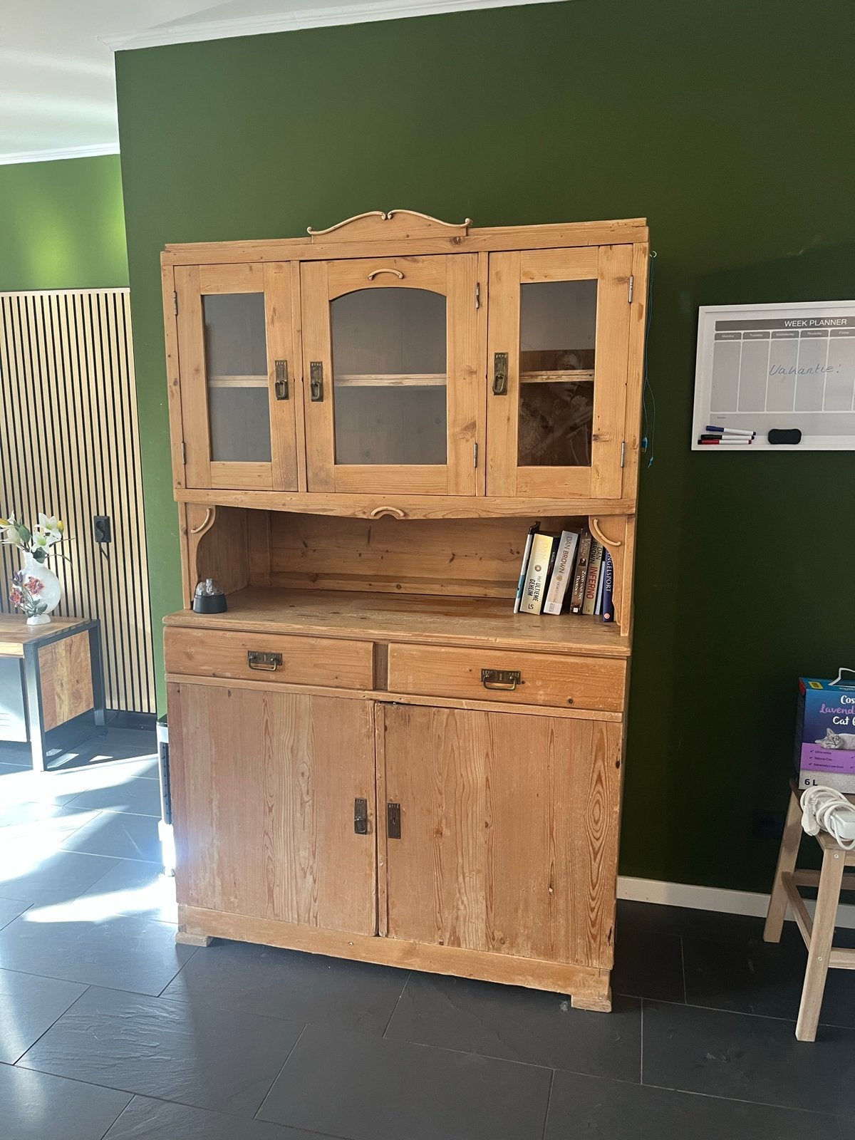 Geloogd grenen kast met dressoir en opbouw, Antiek en Kunst, Antiek | Meubels | Kasten, Ophalen