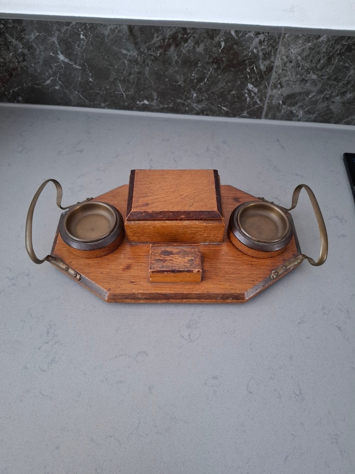 Antieke houten inktstel met bronzen inktpotten, Ophalen of Verzenden