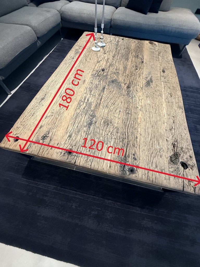 Massief eiken salontafel met stalen onderstel - 180x120x36cm, Ophalen, Gebruikt, 100 tot 150 cm, 150 tot 200 cm