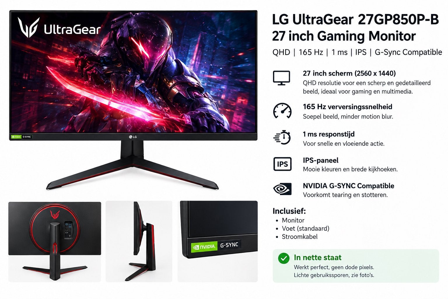 LG UltraGear 27GP850P-B 27 QHD 165Hz Gaming Monitor (180Hz), Computers en Software, IPS, In hoogte verstelbaar, Zo goed als nieuw