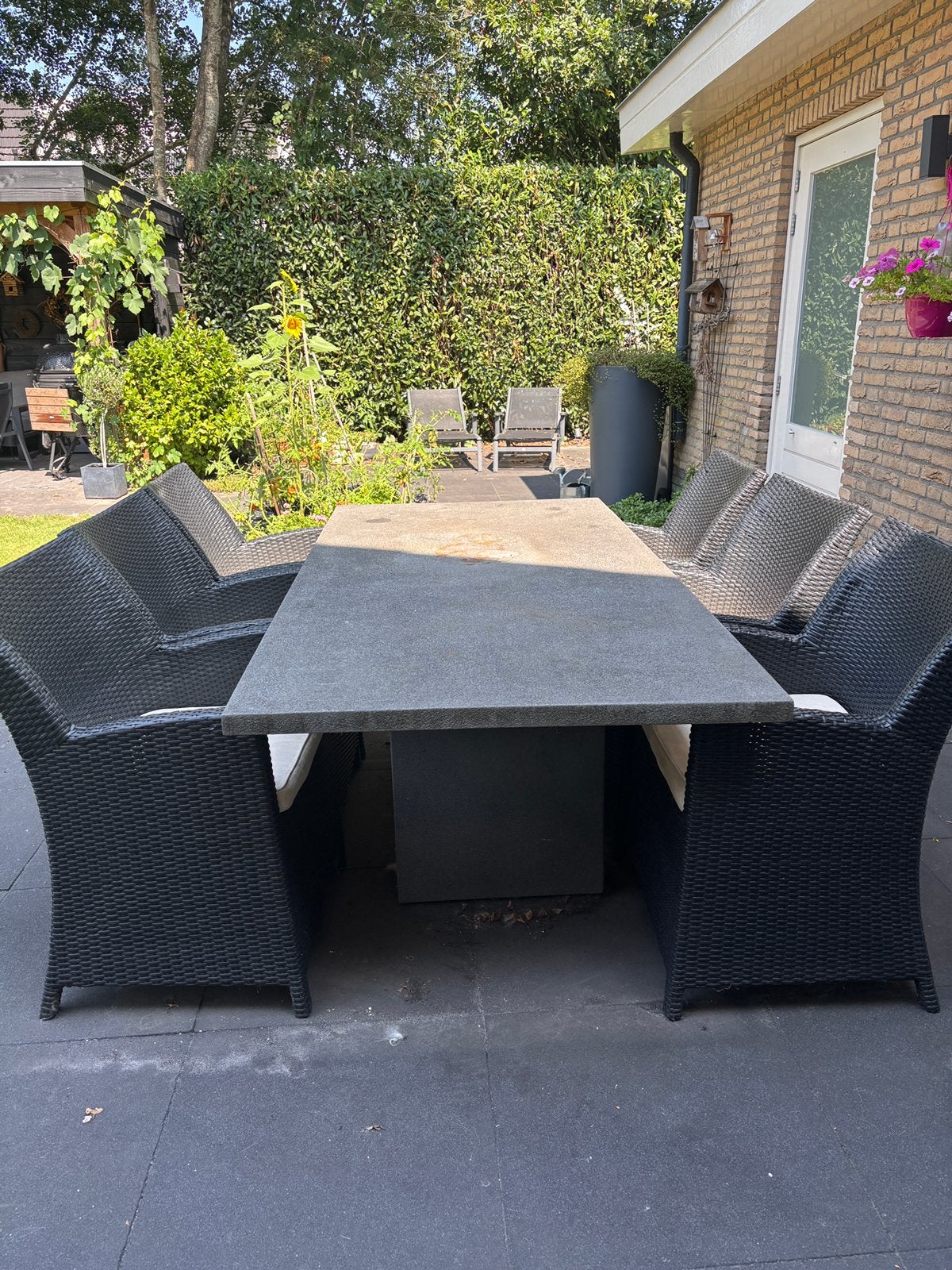 Tuinset: tafel 210 x 100 met 6 stoelen  met kussens, Ophalen, Gebruikt, 6 zitplaatsen, Wicker