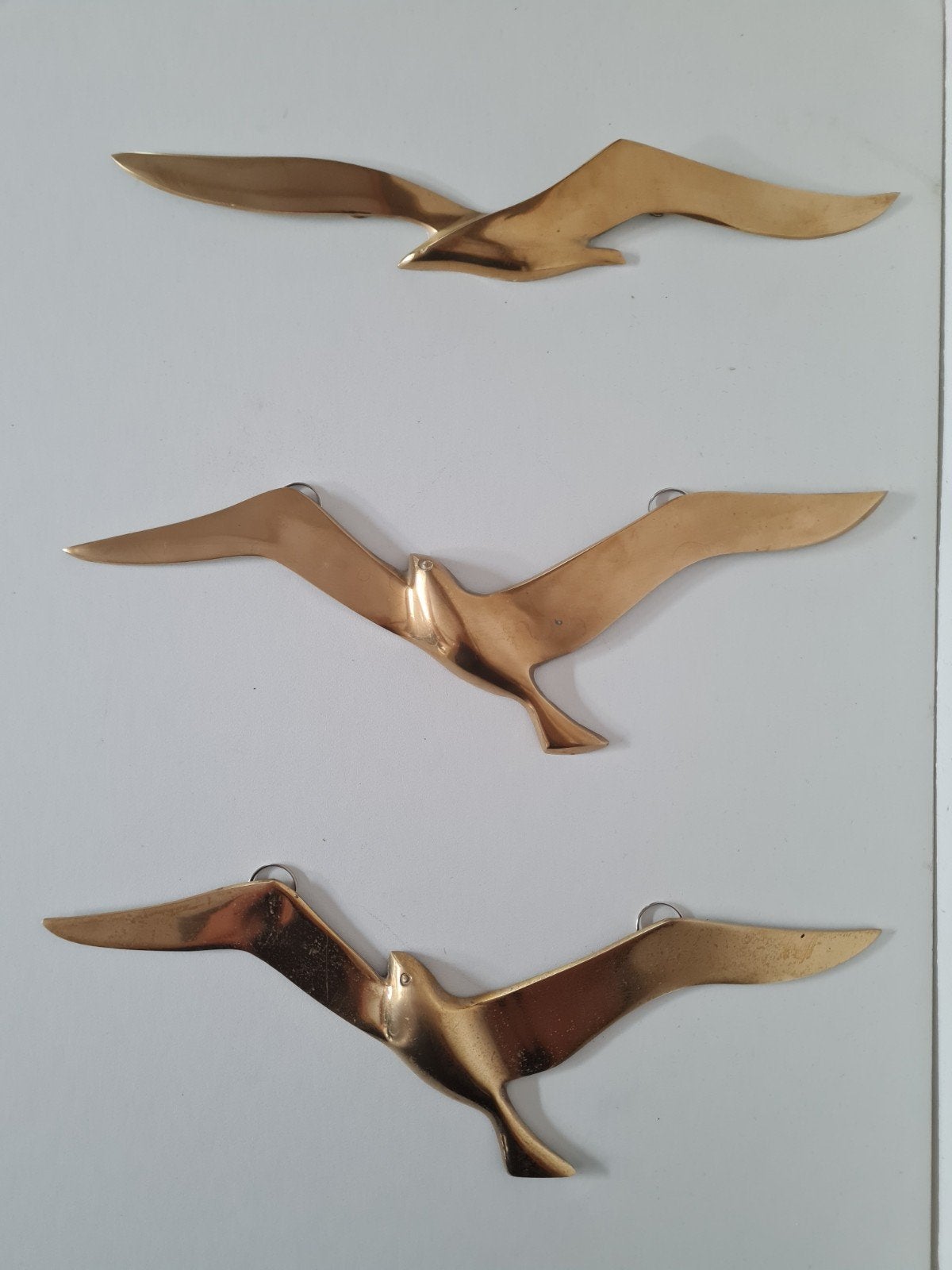 3 vintage messing wandvogels - meeuwen vogels muurdeco, Metaal, Gebruikt, Wandhanger, 33 cm