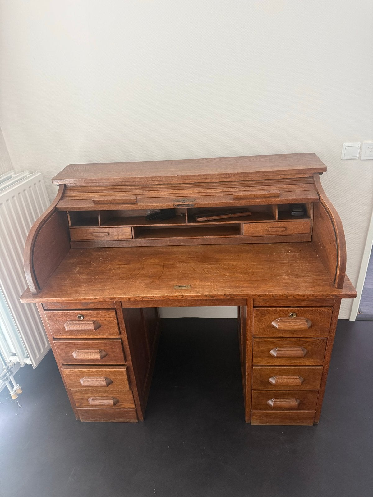 Antiek rolluikbureau eikenhout 118x70x105 cm, Antiek en Kunst, Ophalen