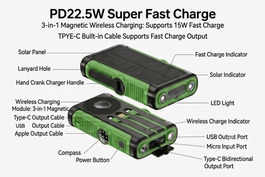 PD22.5W Super Fast Charge Powerbank met Zonnepaneel, Telecommunicatie, Powerbanks, Ophalen of Verzenden, Nieuw