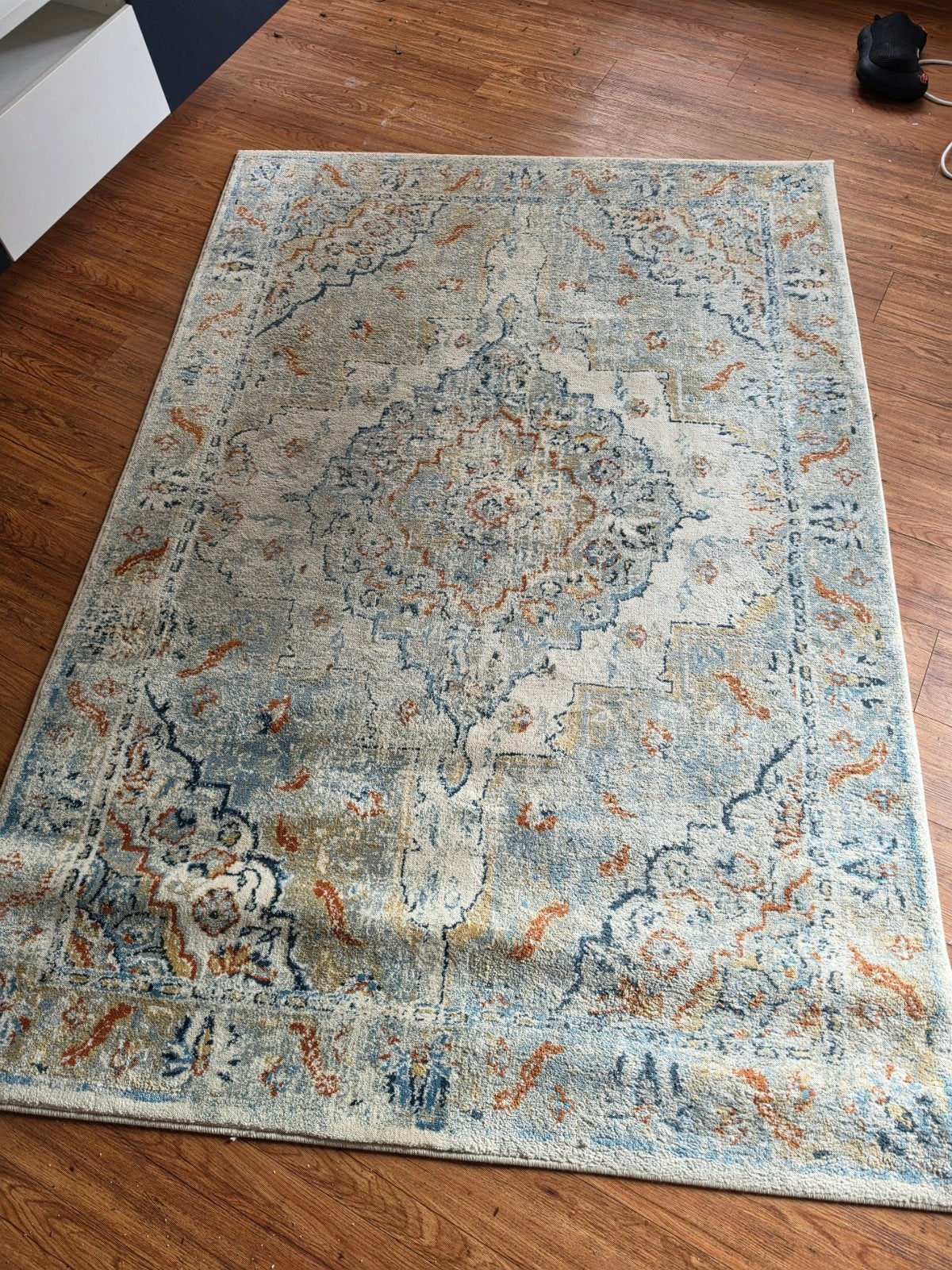 IKEA ONSEVIG Vloerkleed - Blauw/Beige/Oranje, Huis en Inrichting, Ophalen, 100 tot 150 cm, Blauw, Zo goed als nieuw