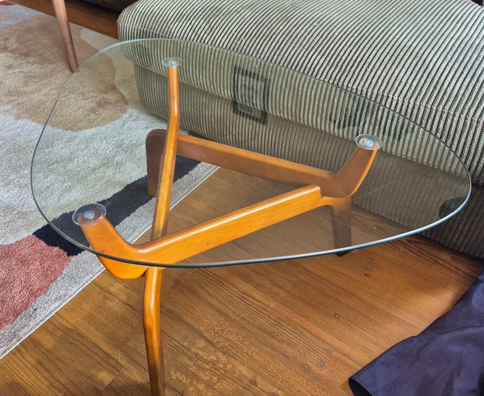 Glazen salontafel met houten onderstel (Kwantum), Ophalen, Gebruikt, 50 tot 100 cm, Modern, Scandinavisch