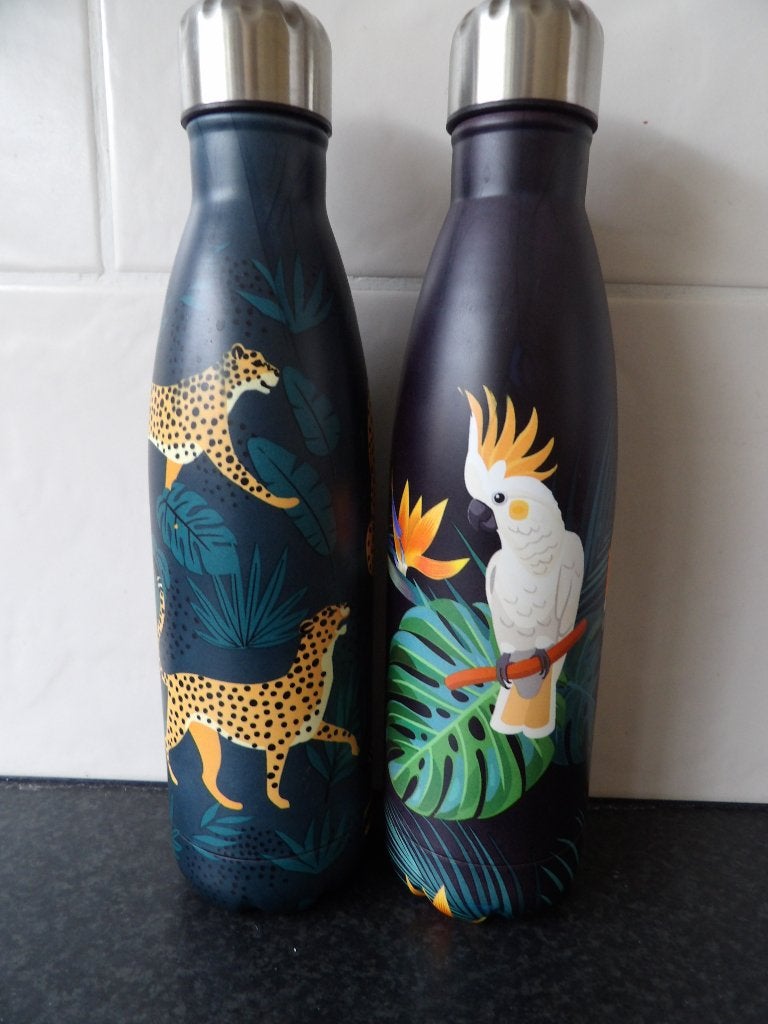 nieuw 2x rvs isoleer drinkflessen luipaard + kaketoe 500 ml, Ophalen of Verzenden, Nieuw