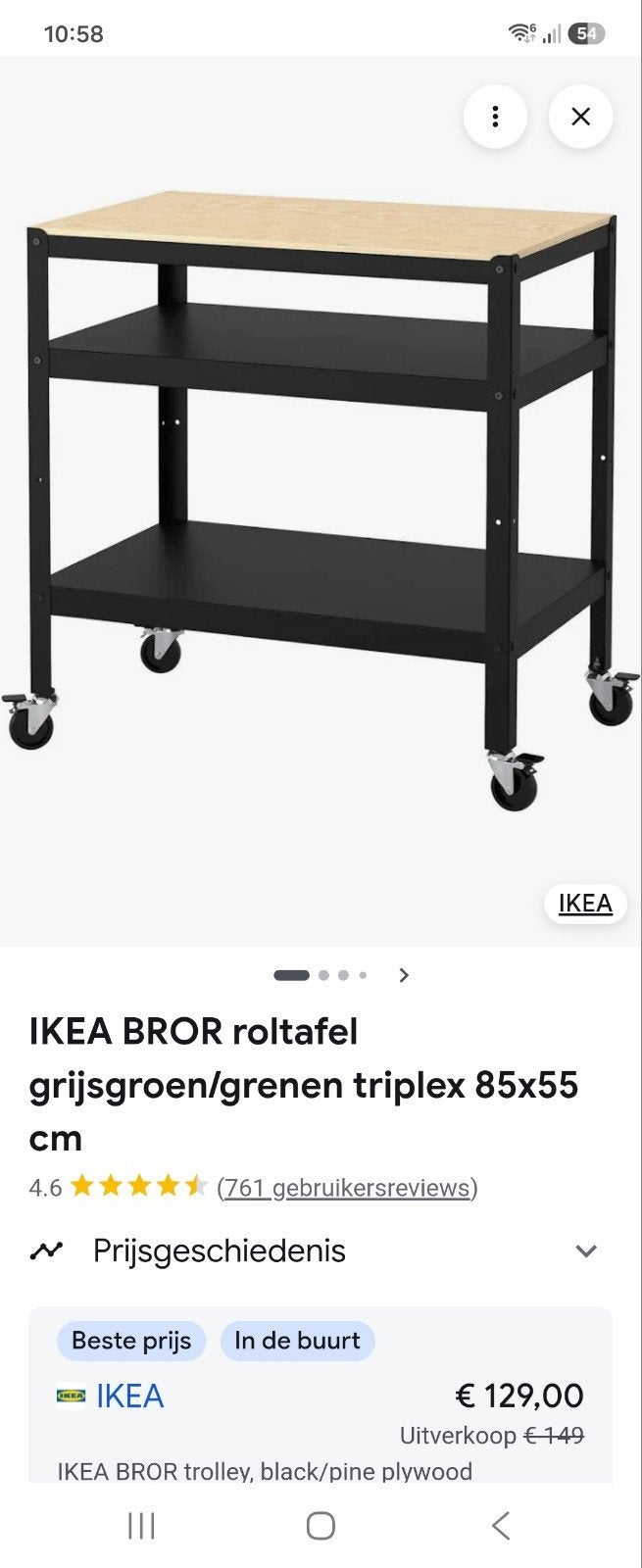 IKEA BROR Roltafel grenen triplex 85x55 cm, Ophalen, In hoogte verstelbaar, Zo goed als nieuw