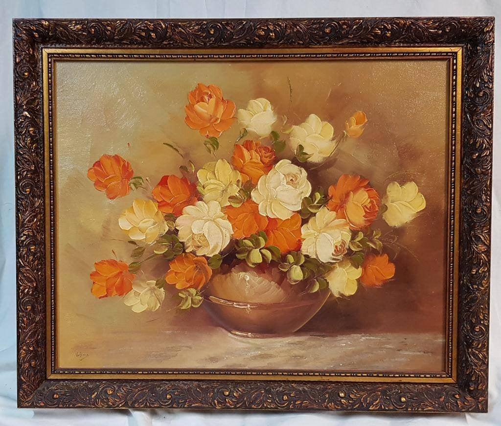 Stilleven Schilderij Bloemen in vaas met bruine achtergrond, Ophalen