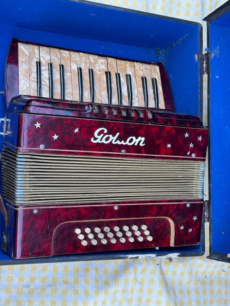 Vintage rode accordion Goldon met zwarte koffer, Muziek en Instrumenten, Overige merken, Gebruikt, Overige formaten, Ophalen of Verzenden