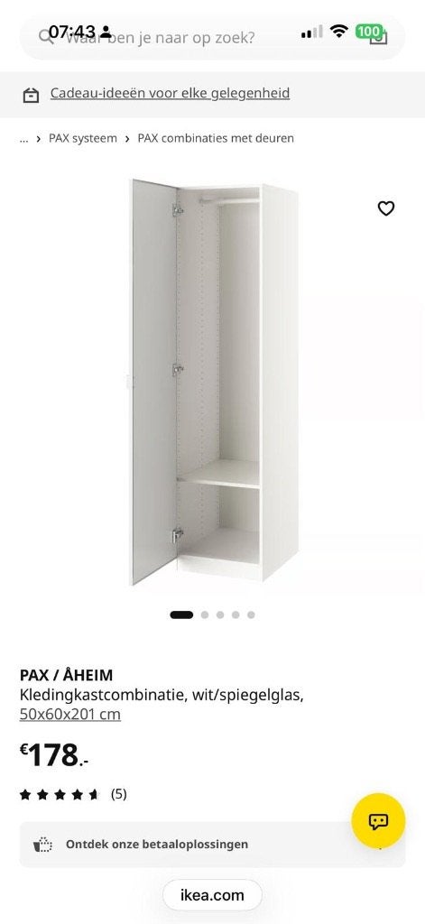 IKEA PAX AHEIM Kledingkastcombinatie wit/spiegelglas, Ophalen, Gebruikt, Modern, 50 tot 75 cm